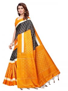 Snap Mustard Khadi Silk Printed Kalamkaari Sarees With Blouse