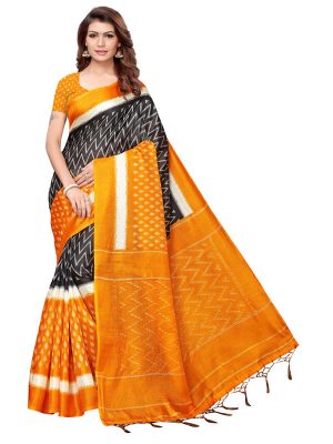 Snap Mustard Khadi Silk Printed Kalamkaari Sarees With Blouse