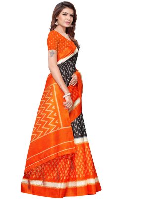 Snap Orange Khadi Silk Printed Kalamkaari Sarees With Blouse