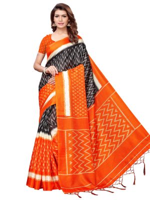 Snap Orange Khadi Silk Printed Kalamkaari Sarees With Blouse