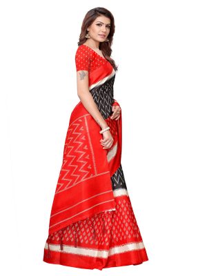 Snap Red Khadi Silk Printed Kalamkaari Sarees With Blouse