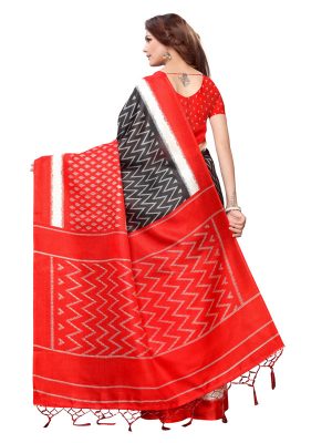 Snap Red Khadi Silk Printed Kalamkaari Sarees With Blouse