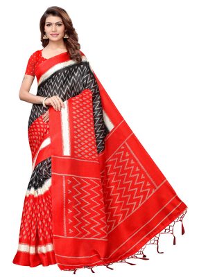 Snap Red Khadi Silk Printed Kalamkaari Sarees With Blouse