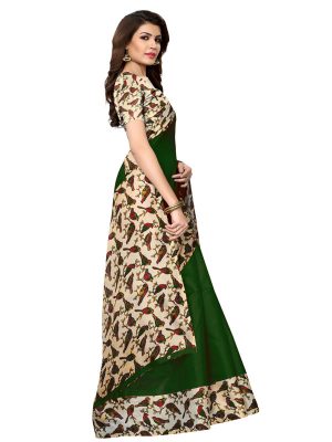 26001Sparrow Green Khadi Silk Printed Kalamkaari Sarees With Blouse