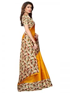 Sparrow Mustard Khadi Silk Printed Kalamkaari Sarees With Blouse