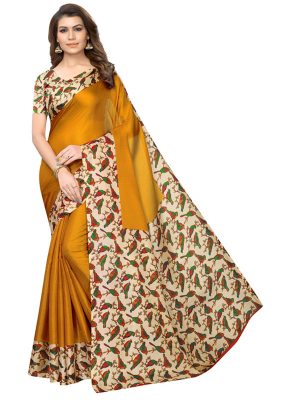 Sparrow Mustard Khadi Silk Printed Kalamkaari Sarees With Blouse