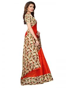 Sparrow Red Khadi Silk Printed Kalamkaari Sarees With Blouse