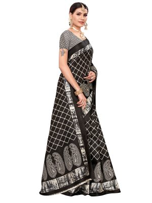 Suzuki Black Khadi Silk Printed Kalamkaari Sarees With Blouse