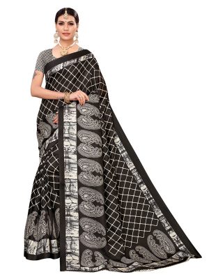 Suzuki Black Khadi Silk Printed Kalamkaari Sarees With Blouse