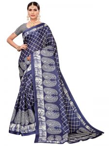 Suzuki Navy Khadi Silk Printed Kalamkaari Sarees With Blouse