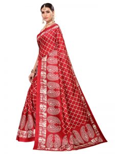 Suzuki Red Khadi Silk Printed Kalamkaari Sarees With Blouse