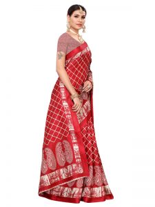 Suzuki Red Khadi Silk Printed Kalamkaari Sarees With Blouse