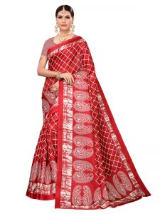 Suzuki Red Khadi Silk Printed Kalamkaari Sarees With Blouse