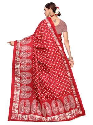 Suzuki Red Khadi Silk Printed Kalamkaari Sarees With Blouse