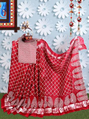 Suzuki Red Khadi Silk Printed Kalamkaari Sarees With Blouse