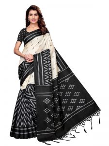 Tweet Black Khadi Silk Printed Kalamkaari Sarees With Blouse