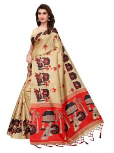 Village Chiku Khadi Silk Printed Kalamkaari Sarees With Blouse