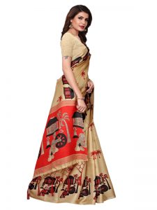 Village Chiku Khadi Silk Printed Kalamkaari Sarees With Blouse