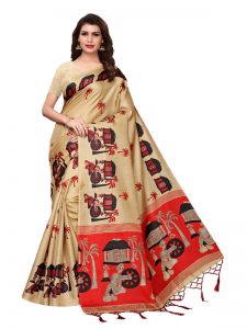 Village Chiku Khadi Silk Printed Kalamkaari Sarees With Blouse