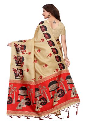 Village Chiku Khadi Silk Printed Kalamkaari Sarees With Blouse