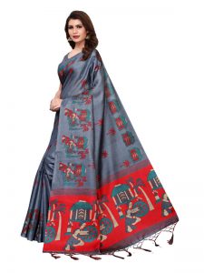 Village Grey Khadi Silk Printed Kalamkaari Sarees With Blouse