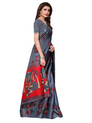 Village Grey Khadi Silk Printed Kalamkaari Sarees With Blouse