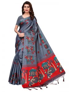 Village Grey Khadi Silk Printed Kalamkaari Sarees With Blouse