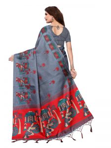 Village Grey Khadi Silk Printed Kalamkaari Sarees With Blouse