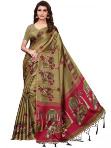 Village Mehendi Khadi Silk Printed Kalamkaari Sarees With Blouse