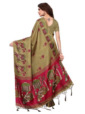 Village Mehendi Khadi Silk Printed Kalamkaari Sarees With Blouse