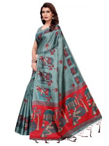 Village Sea Green Khadi Silk Printed Kalamkaari Sarees With Blouse