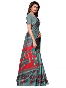 Village Sea Green Khadi Silk Printed Kalamkaari Sarees With Blouse