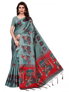 Village Sea Green Khadi Silk Printed Kalamkaari Sarees With Blouse