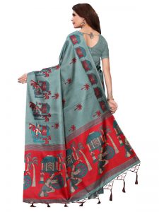 Village Sea Green Khadi Silk Printed Kalamkaari Sarees With Blouse