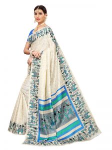 Vivo Blue Khadi Silk Printed Kalamkaari Sarees With Blouse