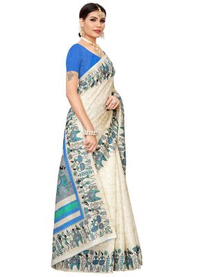 Vivo Blue Khadi Silk Printed Kalamkaari Sarees With Blouse