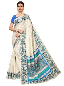 Vivo Blue Khadi Silk Printed Kalamkaari Sarees With Blouse