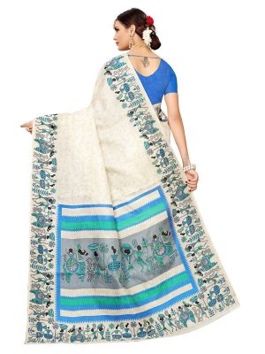Vivo Blue Khadi Silk Printed Kalamkaari Sarees With Blouse