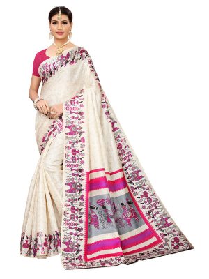 Vivo Pink Khadi Silk Printed Kalamkaari Sarees With Blouse