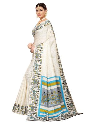 Vivo Sky Blue Khadi Silk Printed Kalamkaari Sarees With Blouse