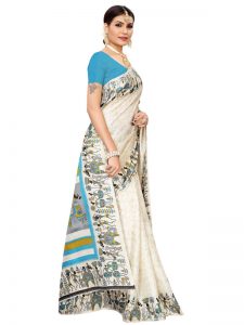 Vivo Sky Blue Khadi Silk Printed Kalamkaari Sarees With Blouse