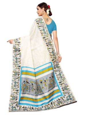 Vivo Sky Blue Khadi Silk Printed Kalamkaari Sarees With Blouse