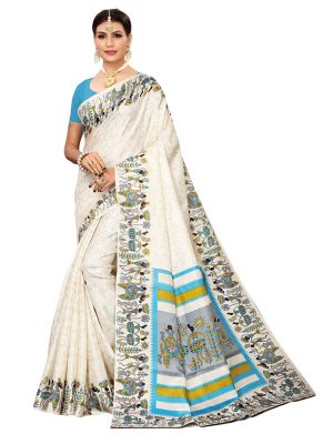 Vivo Sky Blue Khadi Silk Printed Kalamkaari Sarees With Blouse