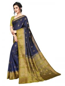 Haathi Butta Navy Green Tussar Silk Weaving Kanjivaram Sarees With Blouse