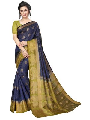 Haathi Butta Navy Green Tussar Silk Weaving Kanjivaram Sarees With Blouse