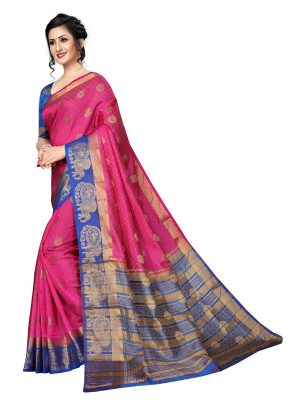Haathi Butta Pink Blue Tussar Silk Weaving Kanjivaram Sarees With Blouse
