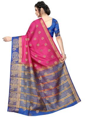 Haathi Butta Pink Blue Tussar Silk Weaving Kanjivaram Sarees With Blouse