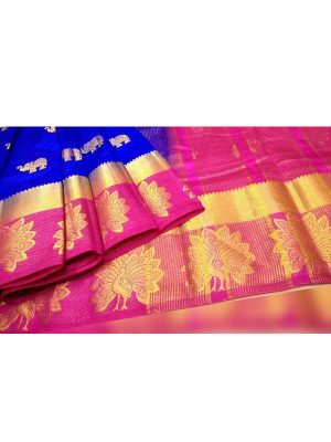 Star Peacock Blue Pink Tussar Silk Weaving Kanjivaram Sarees With Blouse