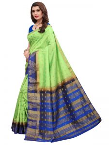 Tree Elephant Green Blue Tussar Silk Weaving Kanjivaram Sarees With Blouse