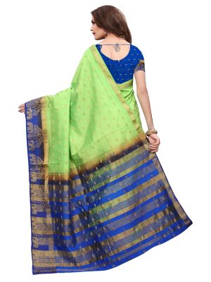 Tree Elephant Green Blue Tussar Silk Weaving Kanjivaram Sarees With Blouse